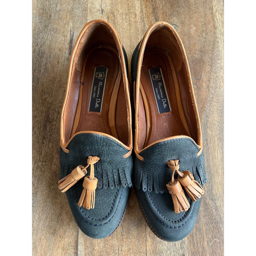 Massimo Dutti Leather Tassel Loafers EU 37 Black Navy Preppy Made in Portugal